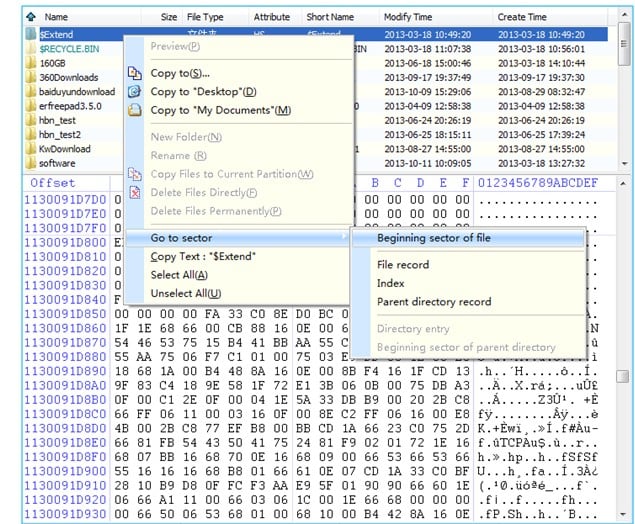 context menu of directory browser